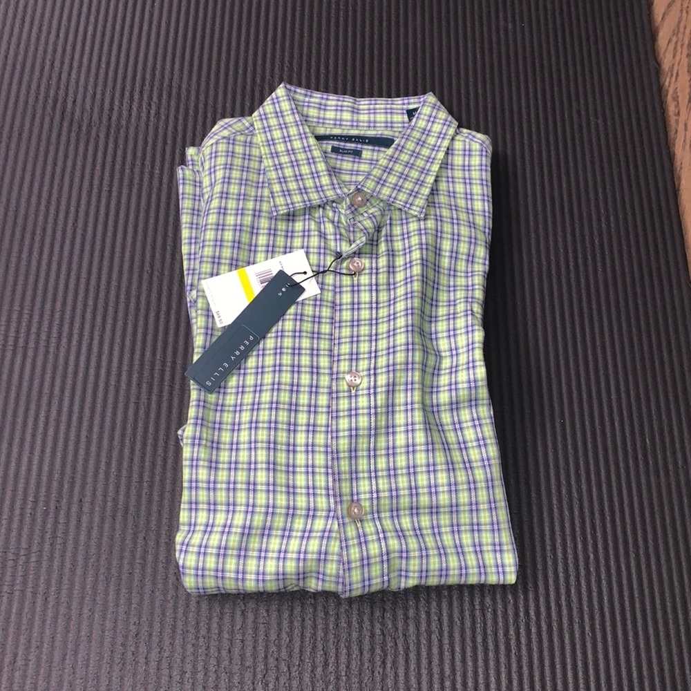 Perry Ellis Checkered Plaid Slim Button Down Green Purple - Picture 1 of 8